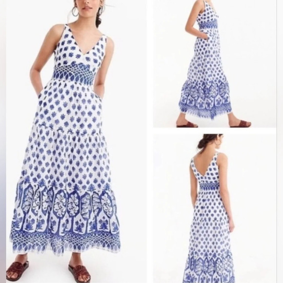J. Crew Santorini Maxi Dress Blue White Tile Print Sleeveless V-Neck Size 00 - Picture 1 of 16